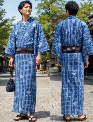톨 사이즈 180cm 전후 남성용 유카타 남성용 오비 세트 새상품 순수 실크 하카타 남성용 오비 포함 남색
