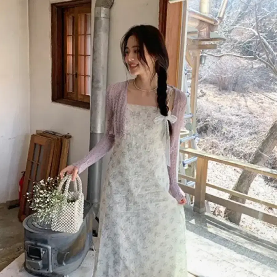 지그재그 로버블 퍼플 로즈 플라워 뷔스티에 끈 원피스