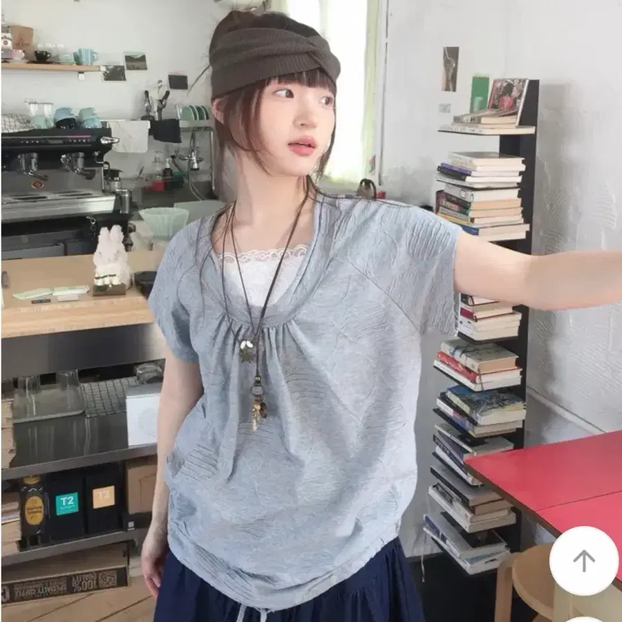 빈티지 도트 레이어드 오프숄더 루즈핏 티셔츠 그레이