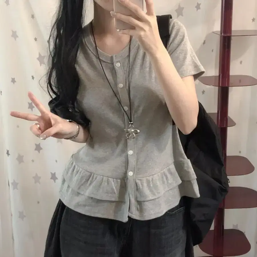 에이블리 프릴 단추 가디건 반팔 티셔츠 그레이 회색 옷