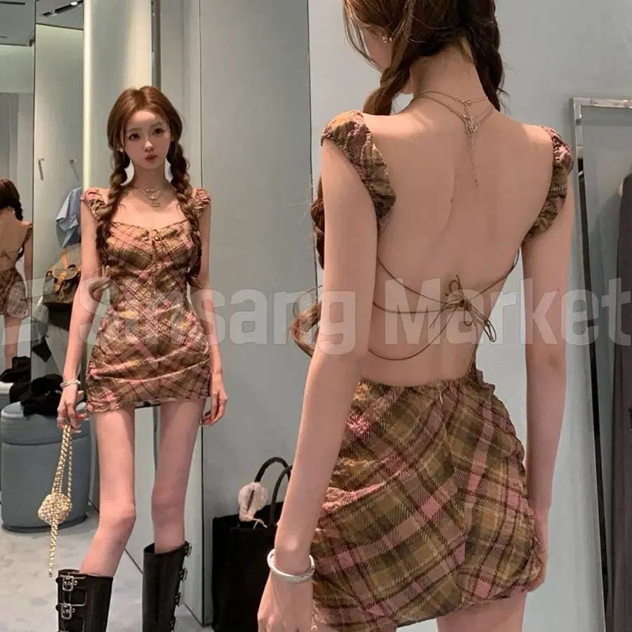 [빠른발송] 리니 백리스나시 스트링 체크 홀터 넥 미니 원피스 섹시글램