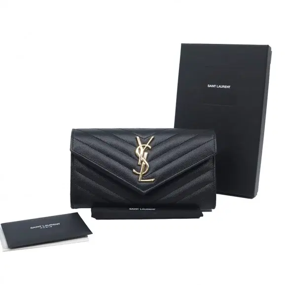 Saint Laurent(생로랑) 372264 블랙 그랑 드 뿌드르 텍스처드 마틀라세 라지 모노그램 금장 플랩 장지갑