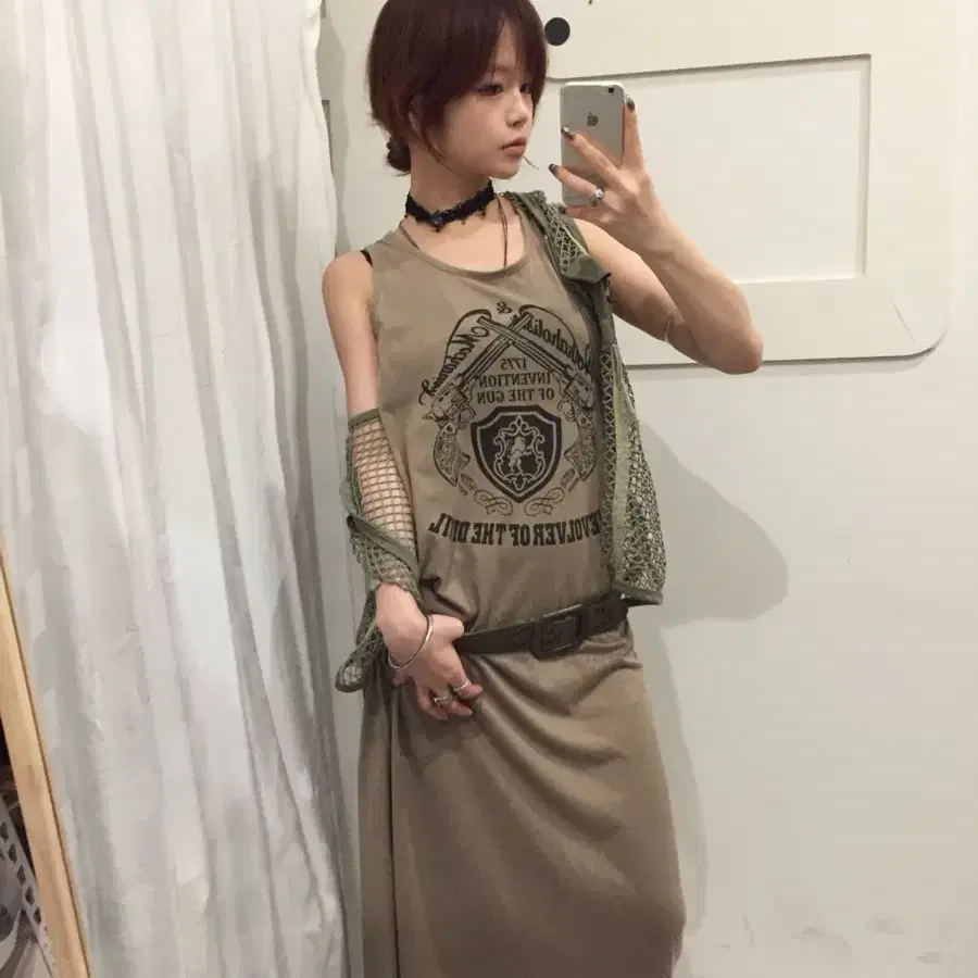 JPN Vintage 펑크 고스 카키 레터링 롱 원피스