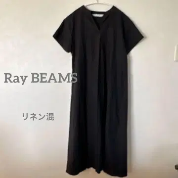 Ray BEAMS 스키퍼넥 반팔 롱 원피스 블랙 린넨 혼방