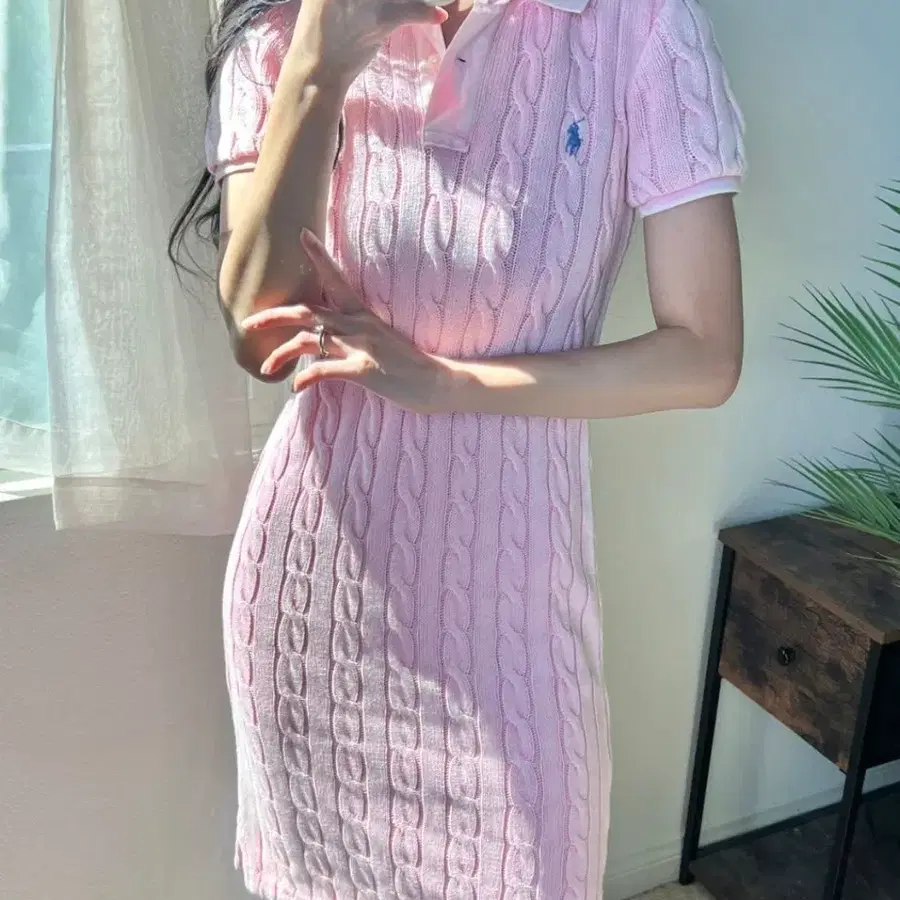 [미착용]폴로 랄프로렌 연핑크 여성 케이블 꽈배기 니트 카라 반팔 원피스 드레스