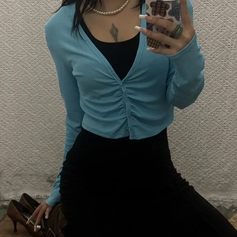 자라 썸머 페미닌 터쿼즈 오션블루 셔링 크롭 가디건 K0577