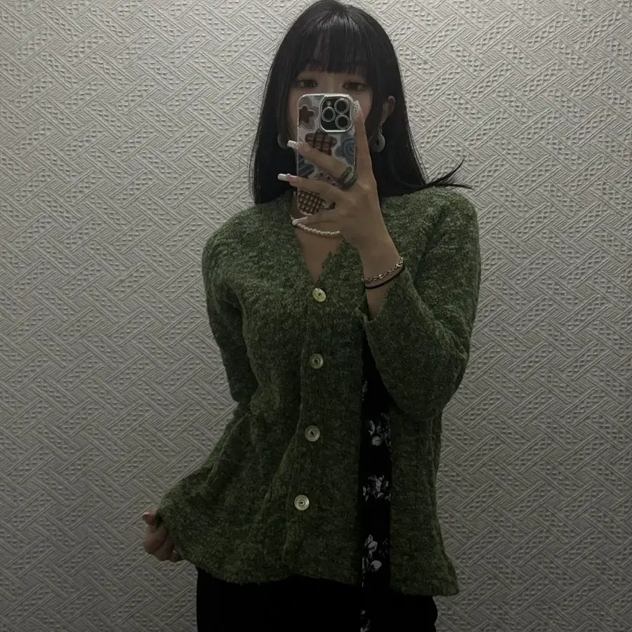 빈티지 재팬 잔디그린 믹스 트위드맛 슬림핏 가디건 K0578