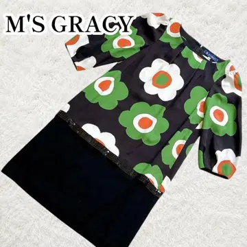 새상품급 M'S GRACY 꽃무늬 원피스 7부 소매 스팽글 38 M 울