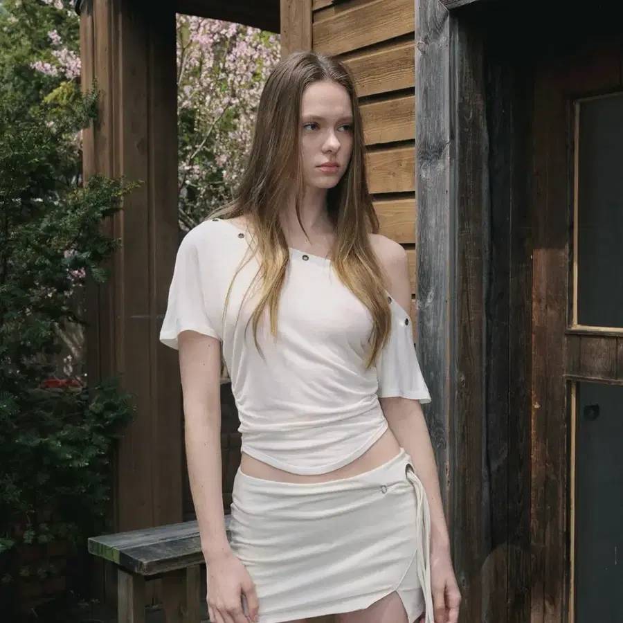 플리즈노팔로우 harry button unbal shirring short top