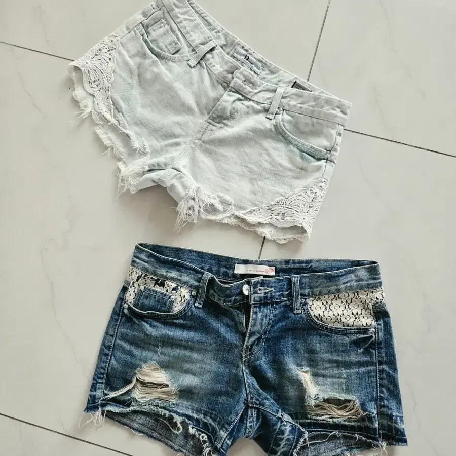 여성 레이스 장식 반바지 데님 팬츠 세트