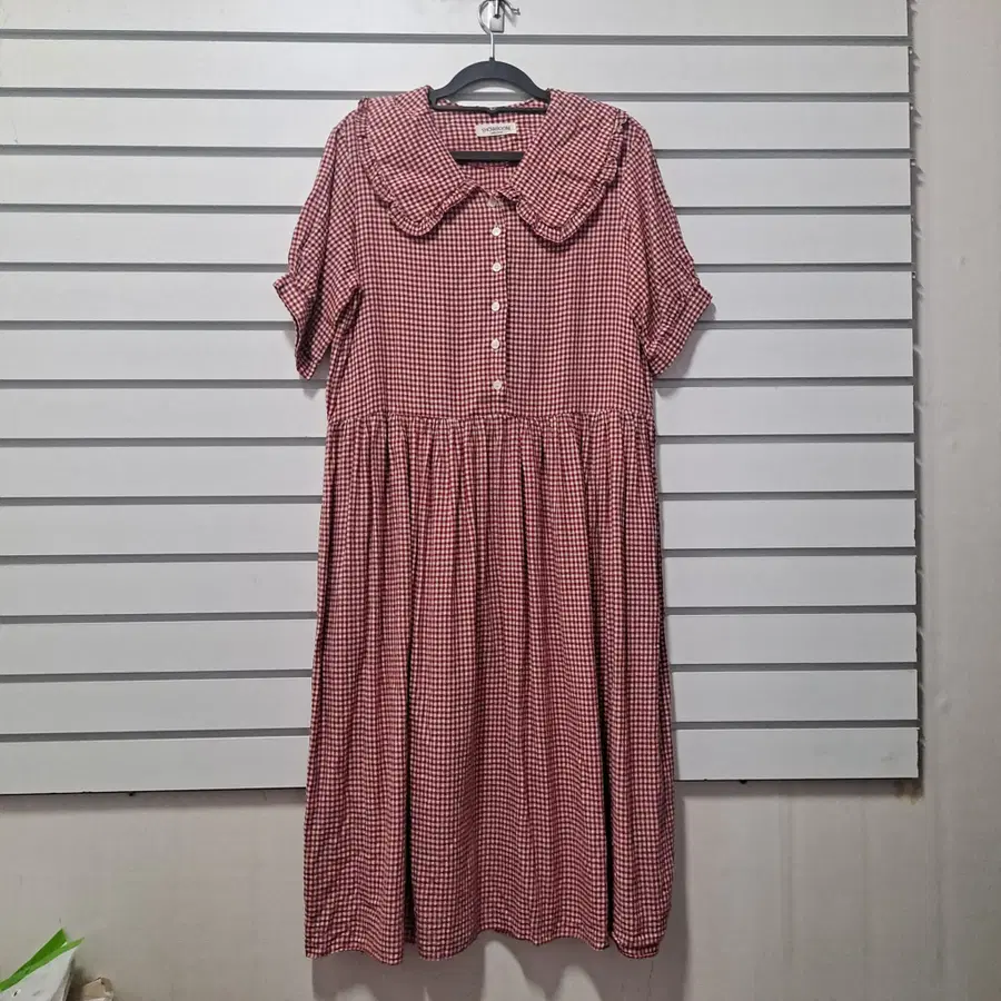 레드 잔바둑체크패턴 카라넥 면 롱원피스 66 옷장꾸미기
