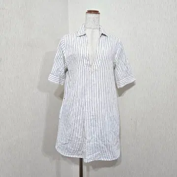 ikka V넥 풀오버 스트라이프 ( M ) 면 린넨 화이트 계열 소매 롤업