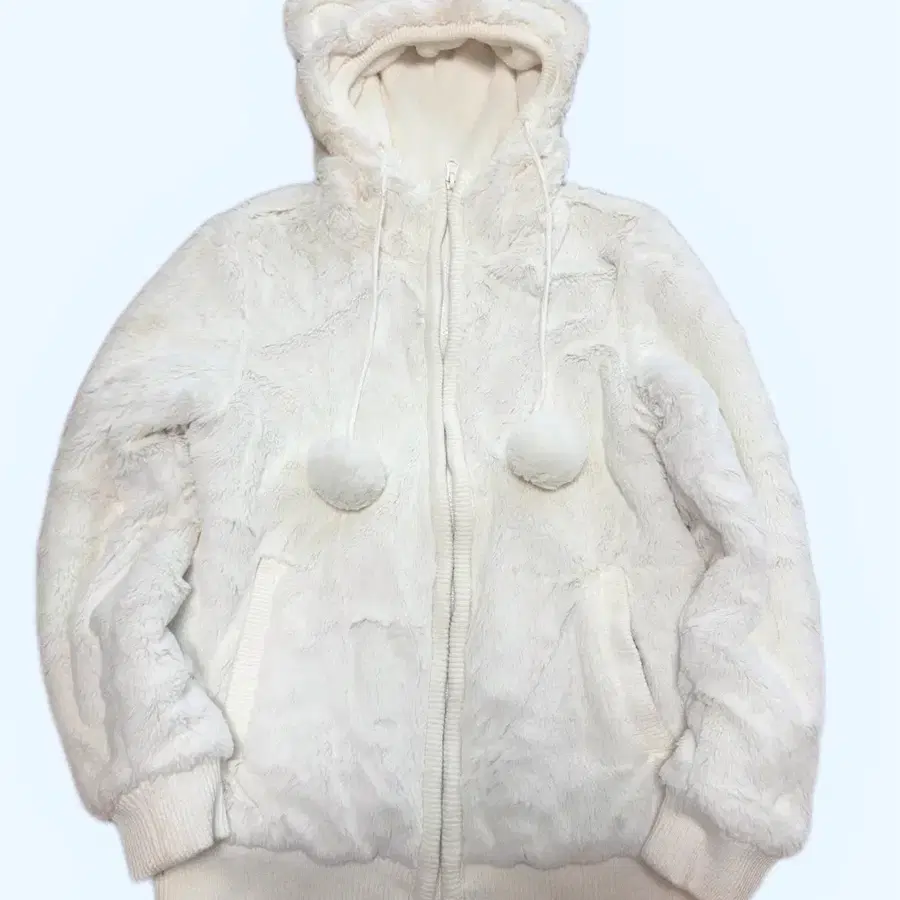 곰돌이 귀 모자 화이트 퍼 빈티지 후드집업 폼폼