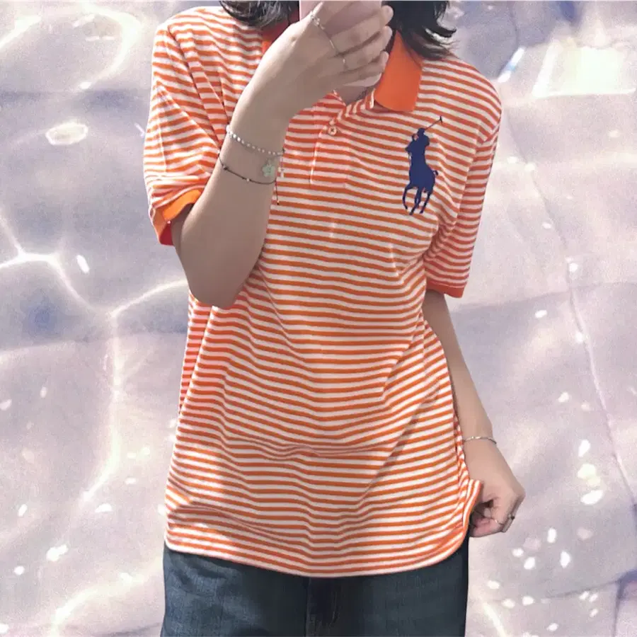 폴로 랄프로렌 빅포니 치프키프 스트라이프 반팔 카라 티셔츠 오렌지 주황 XL