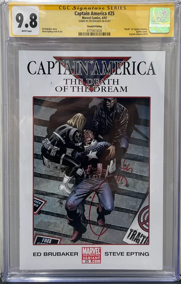 캡틴 아메리카 #25 CGC 9.8 SS 조 퀘사다 친필사인 | 스티브 로저스 사망 이슈
