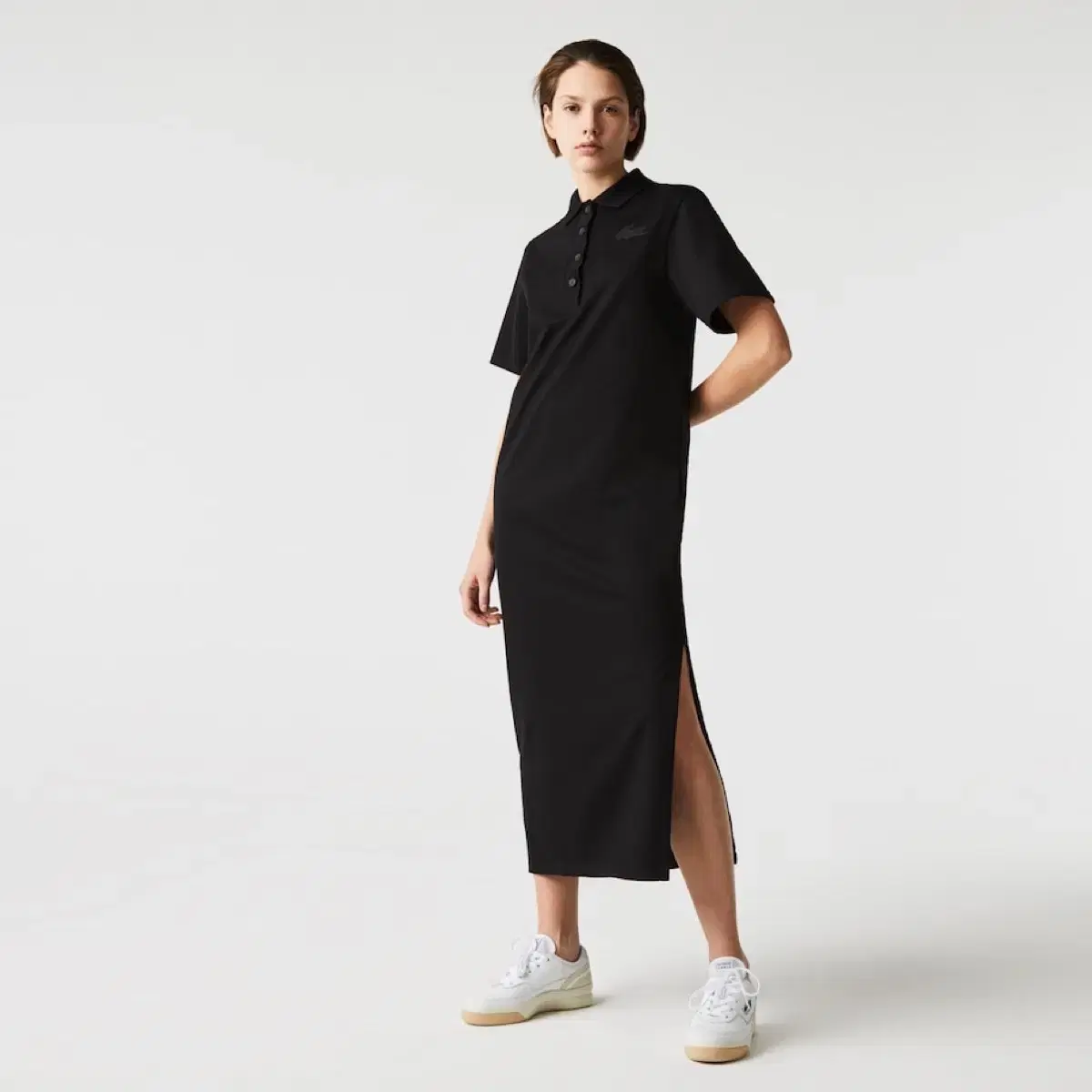 라코스테 라이브 LACOSTE 솔리드 저지 롱원피스 PK 카라 반팔 블랙 검정