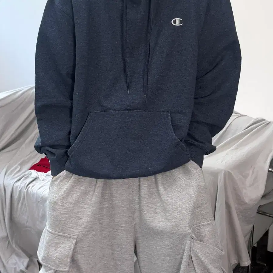 챔피온 네이비 스몰로고 후드티 L
