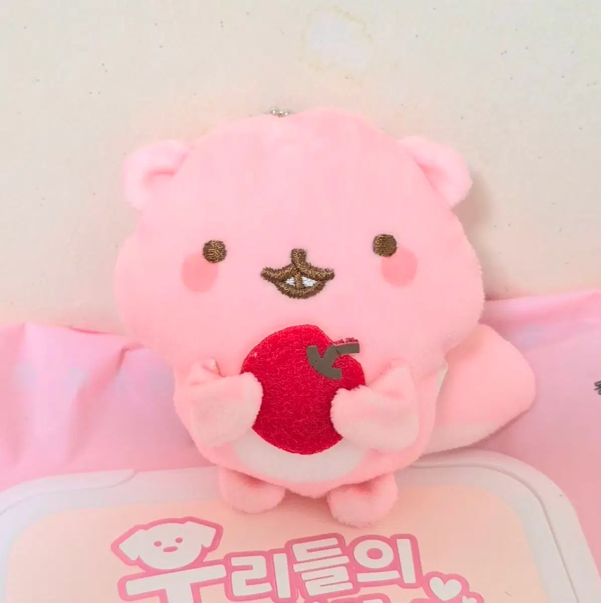 고전 빈티지 핑크 분홍 다람쥐 체리 사과 열매 납작 인형 키링