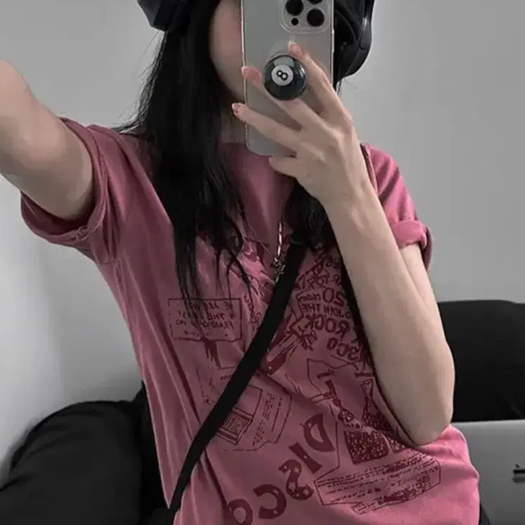 빈티지 핑크 디스코 프린팅 반팔 티셔츠