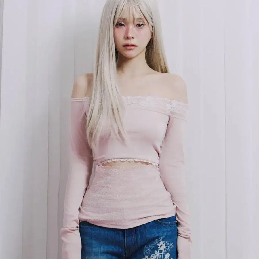 일리오 레이스 오프숄더 롱슬리브 핑크 슬리브 긴팔 긴팔티 Pink lace off shoulder longsleeve 일리고 더티스 클리시어 쓰리타임즈 페인오어플레져 에트오소메