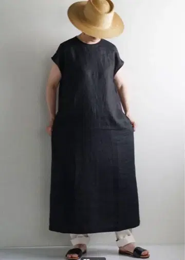 무인양품 헴프 워싱 프렌치 슬리브 원피스 블랙 롱 기장