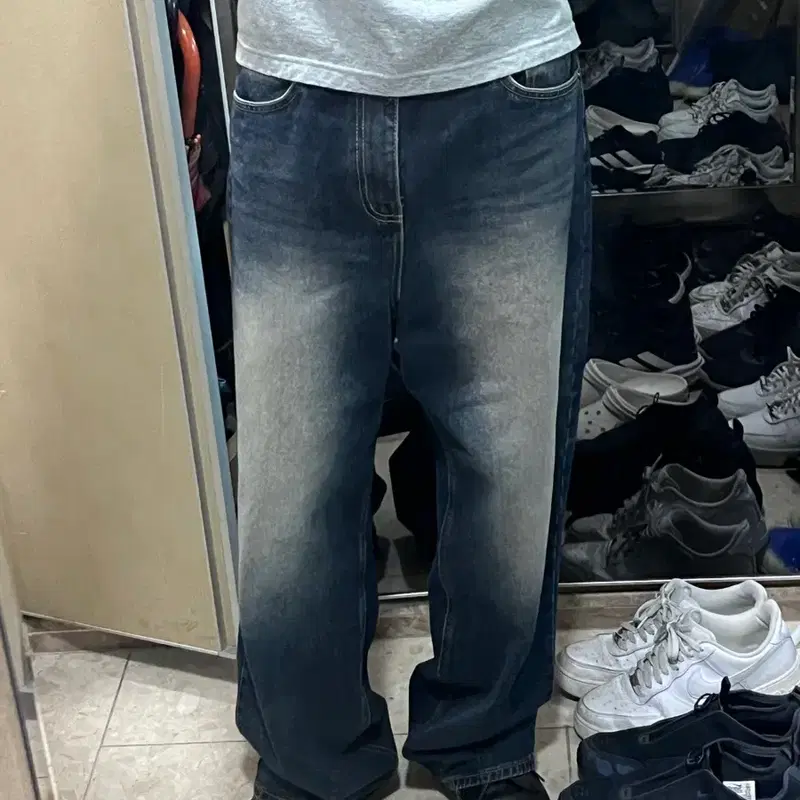 JJIM 레귤러핏 워싱 와이드 데님 팬츠 M