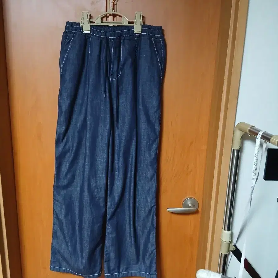 청 데님 와이드 팬츠 허리끈 바지