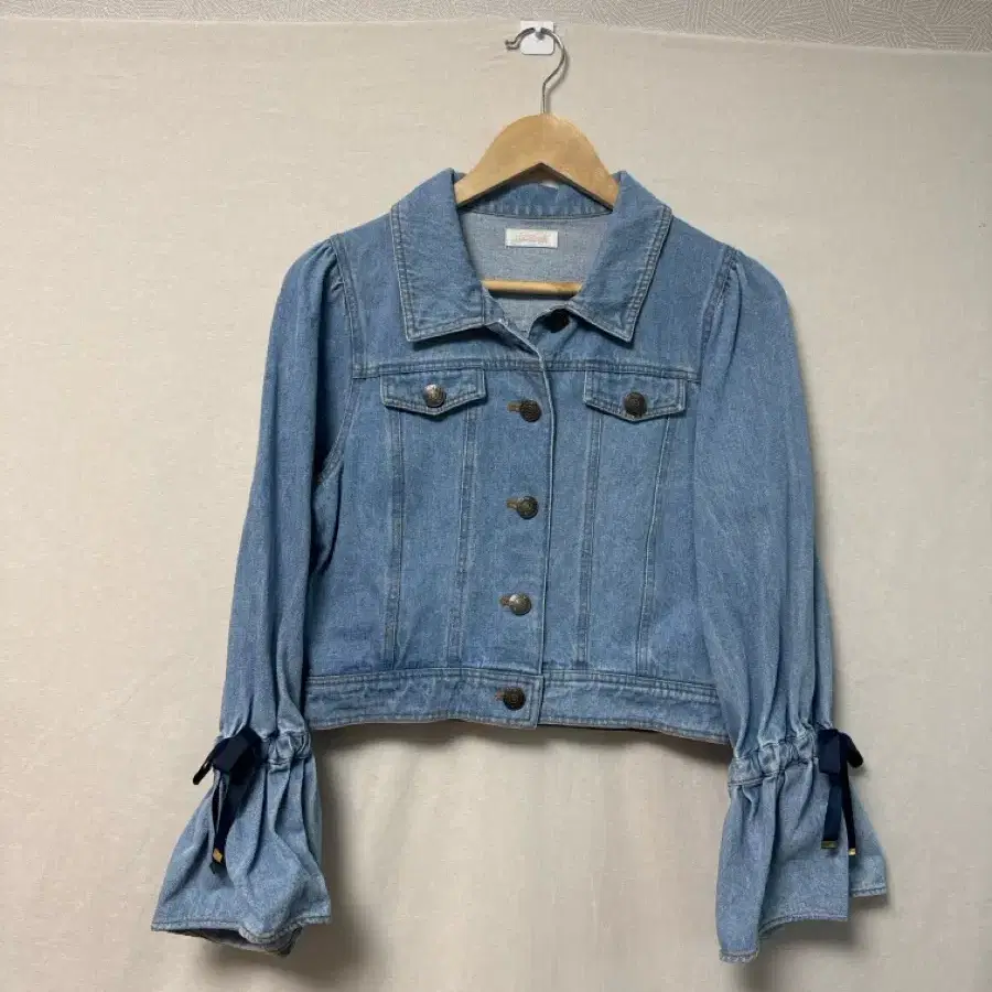 리즈리사) 데님 자켓 나팔소매 리본 포인트