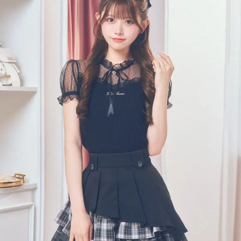 ReAmour 레아무르 도트 튤 골지 반팔 티셔츠
