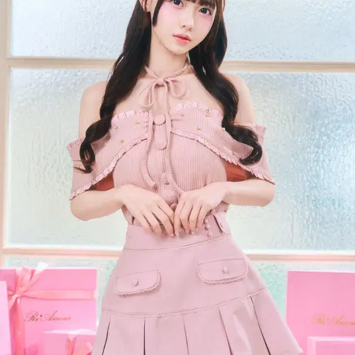 ReAmour 레아무르 오프숄더 리본 골지 반팔 티셔츠