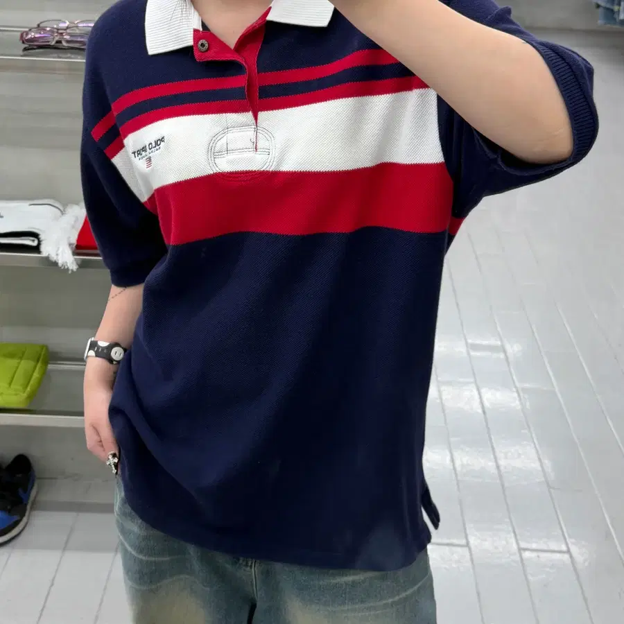 (XL) 폴로 스포츠 빈티지 블록 스트라이프 반팔 카라티셔츠