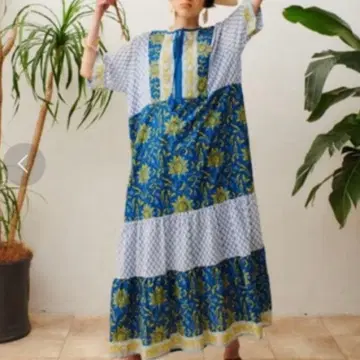 새상품 manana suerte 블록 프린트 원피스 블루