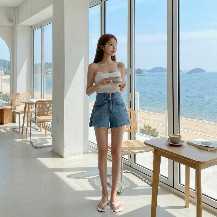 여름 하이웨스트 버튼단추 컷팅 데님 반바지 숏팬츠 에이블리 지그재그