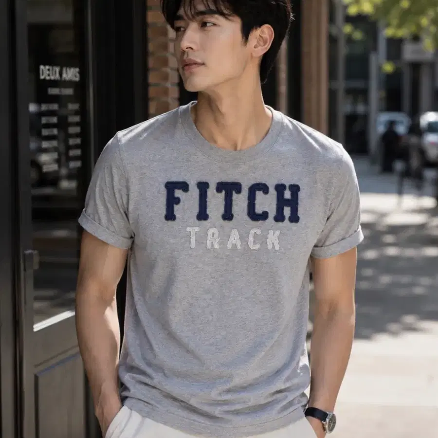 아베크롬비 FITCH TRACK 레터링 그레이 슬림핏 티셔츠 2XL (100, 105)