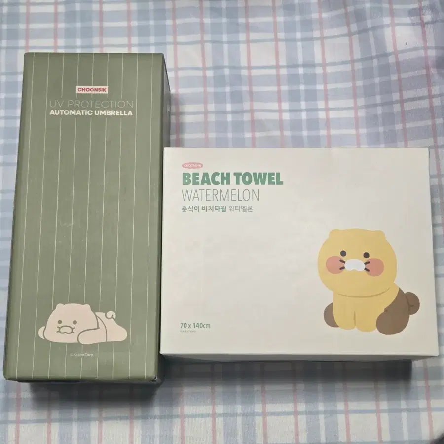 카카오프렌즈 춘식이 UV 차단 자동우산,비치타월 워터멜론 2종 세트 (미개봉)