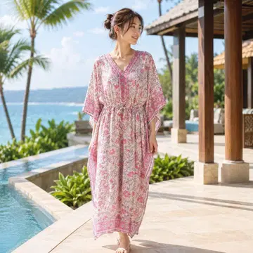 블록 프린트 카프탄 원피스 꽃무늬 핑크 Jaipur Kaftan