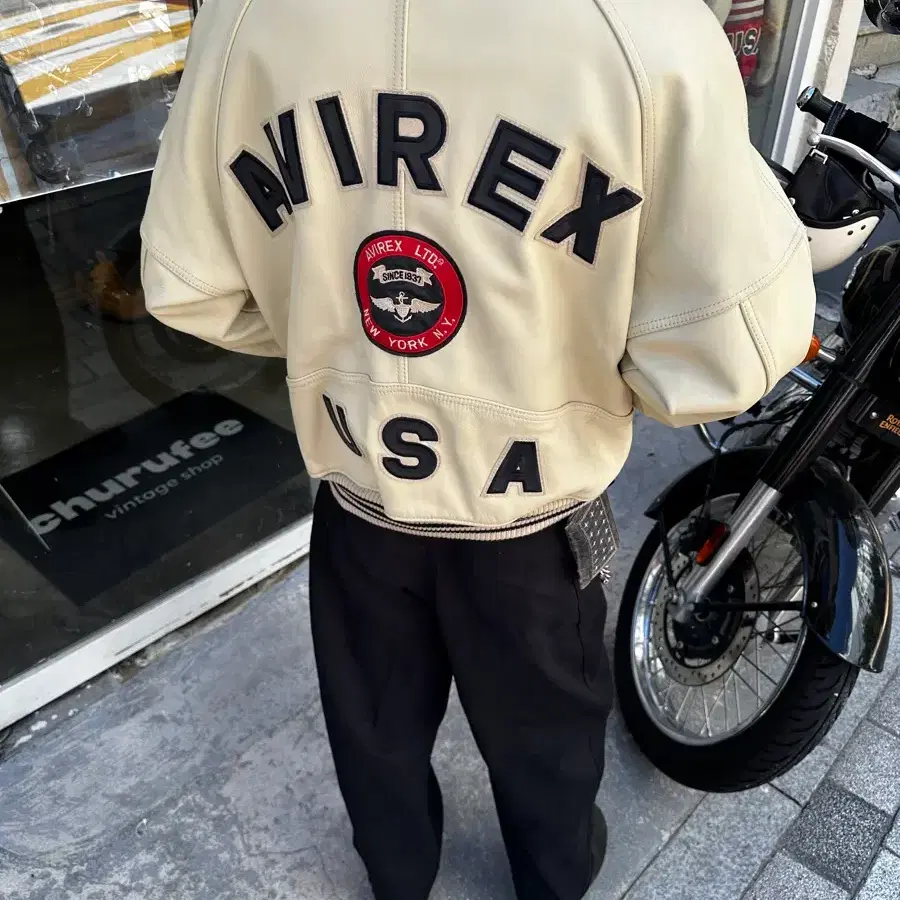 90s AVIREX Leather Varsity Jacket ivory