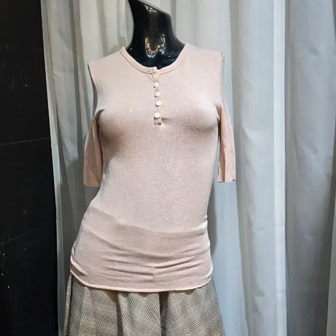 5부 앞단추 연핑크 부드러운 슬림 반팔