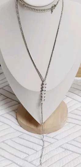 진주 큐빅 와이 롱목걸이