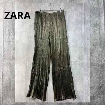 자라 ZARA 광택 플리츠 이지 와이드 팬츠 카키 브론즈 M