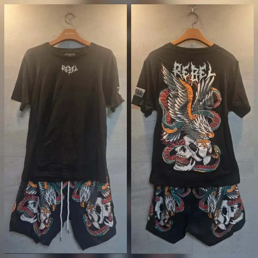 REBEL VENGEANCE 블랙 반팔티 & 반바지 세트.