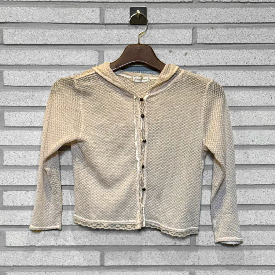 JPN VINTAGE 니트 후드집업 매쉬 리본끈 디테일 베이지