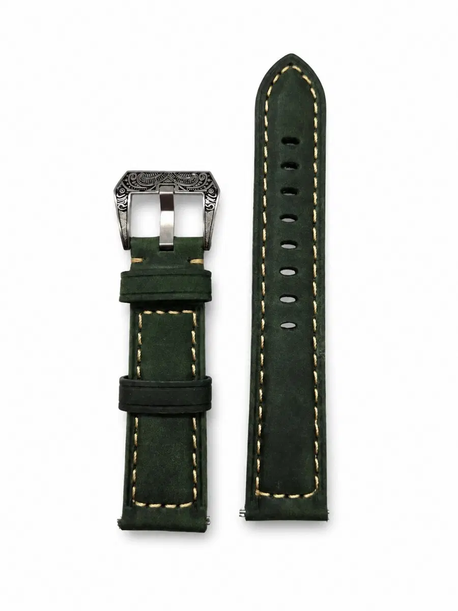 파네라이 스타일 빈티지 그린 가죽 시계밴드 고대문양 버클 22mm