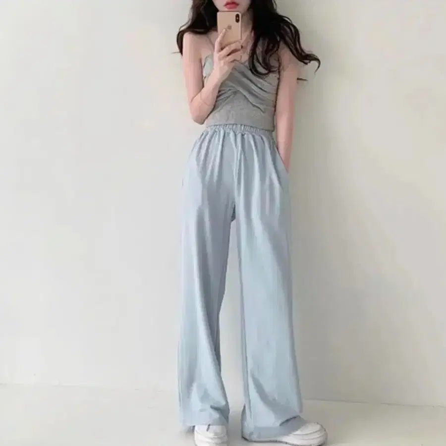 미니포에 쫀쫀모달 세미와이드 트레이닝 팬츠 페일블루