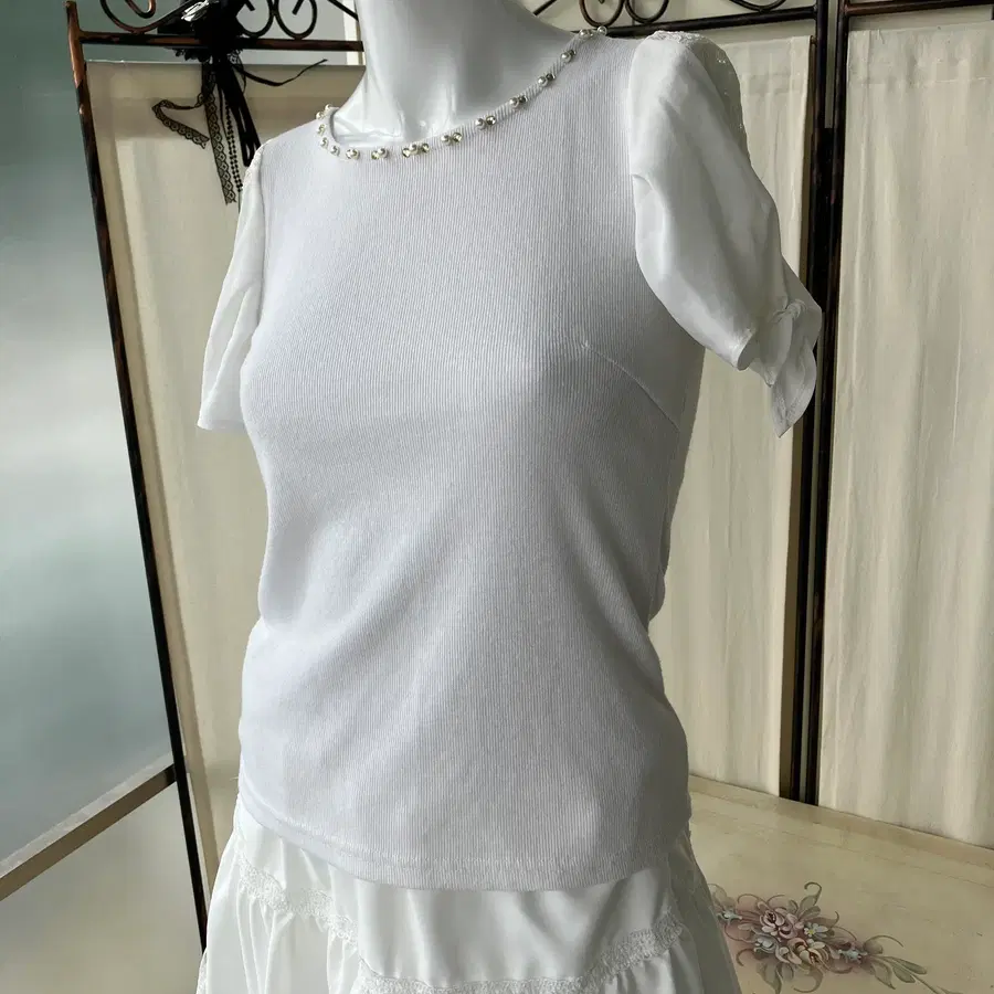 lace chiffon frill beads short sleeve