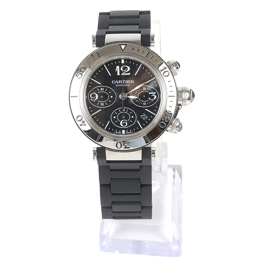 [중고명품다올] 까르띠에 파샤 씨타이머 크로노 블랙 러버 스틸 스트랩 시계 42mm W31088U2
