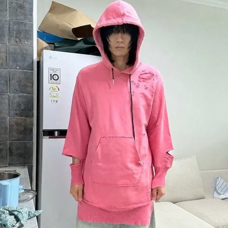 디젤 디스트로이드 컷팅 핑크 롱 후디