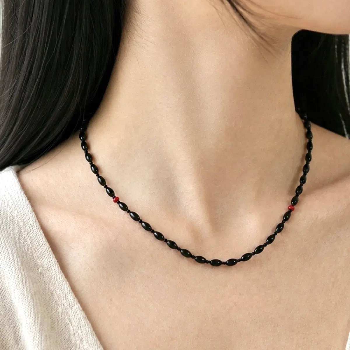 천연 블랙 오닉스 붉은 산호 포인트 원석 목걸이