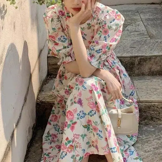(새상품) 휴양지룩 꽃 플라워 빅퍼프 롱 원피스