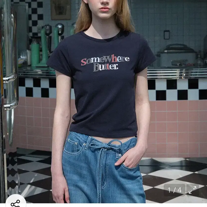 (미개봉새상품) 썸웨어버터 키치 웨이브 로고 티 네이비